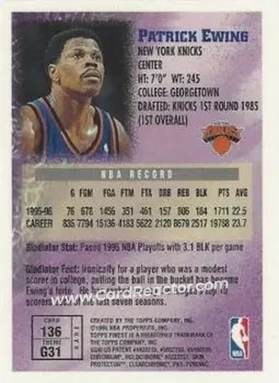 1996-97 Finest #136c - Patrick Ewing - New York Knicks - Back