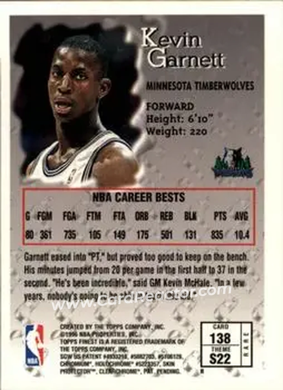 1996-97 Finest #138 - Kevin Garnett - Minnesota Timberwolves - Back
