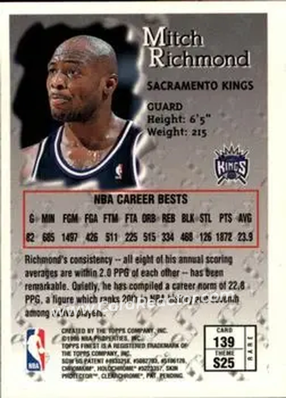 1996-97 Finest #139 - Mitch Richmond - Sacramento Kings - Back 1996-97 Finest #139 - Mitch Richmond - Sacramento Kings - Back