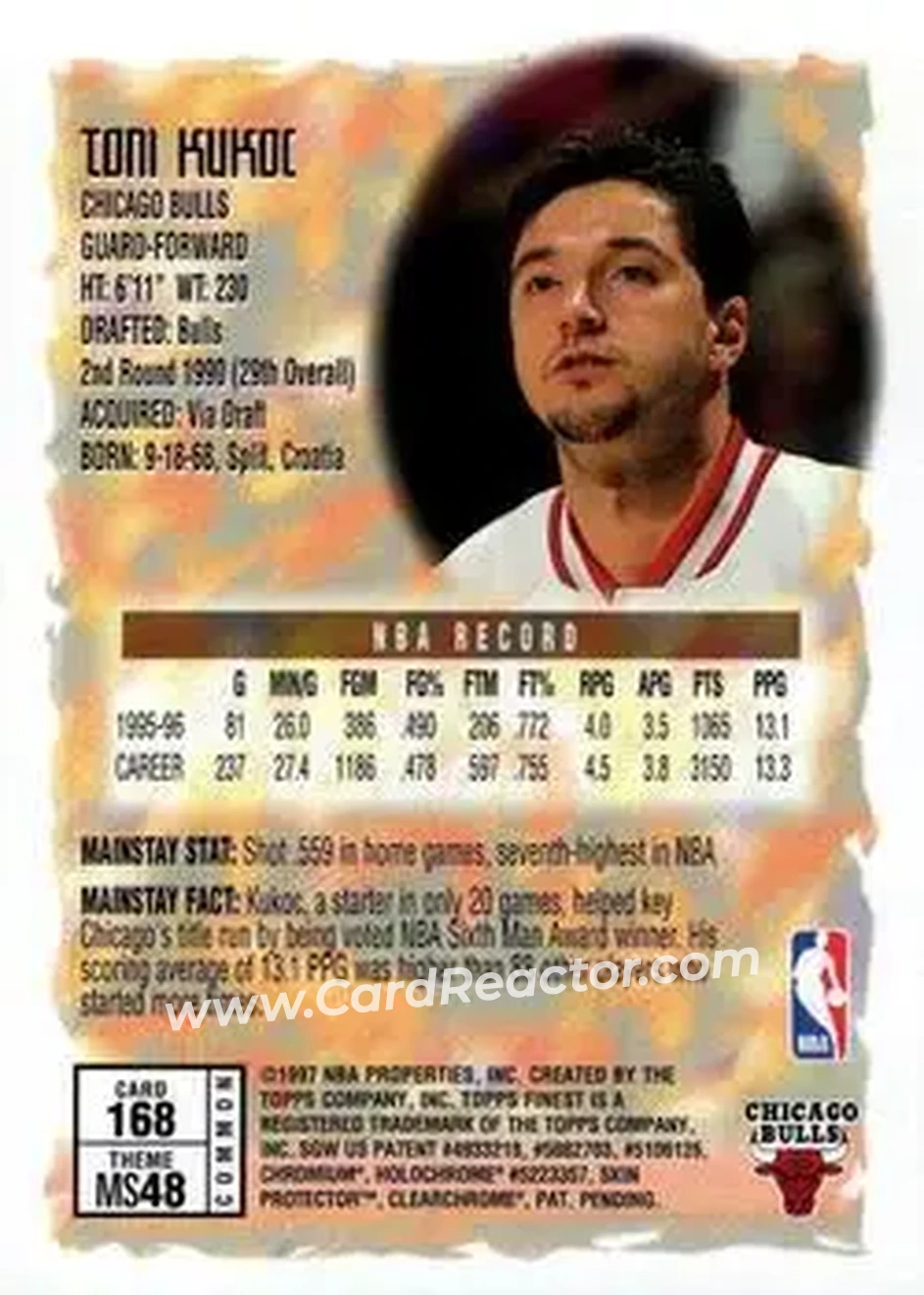 1996-97 Finest #168 - Toni Kukoc - Chicago Bulls - Back