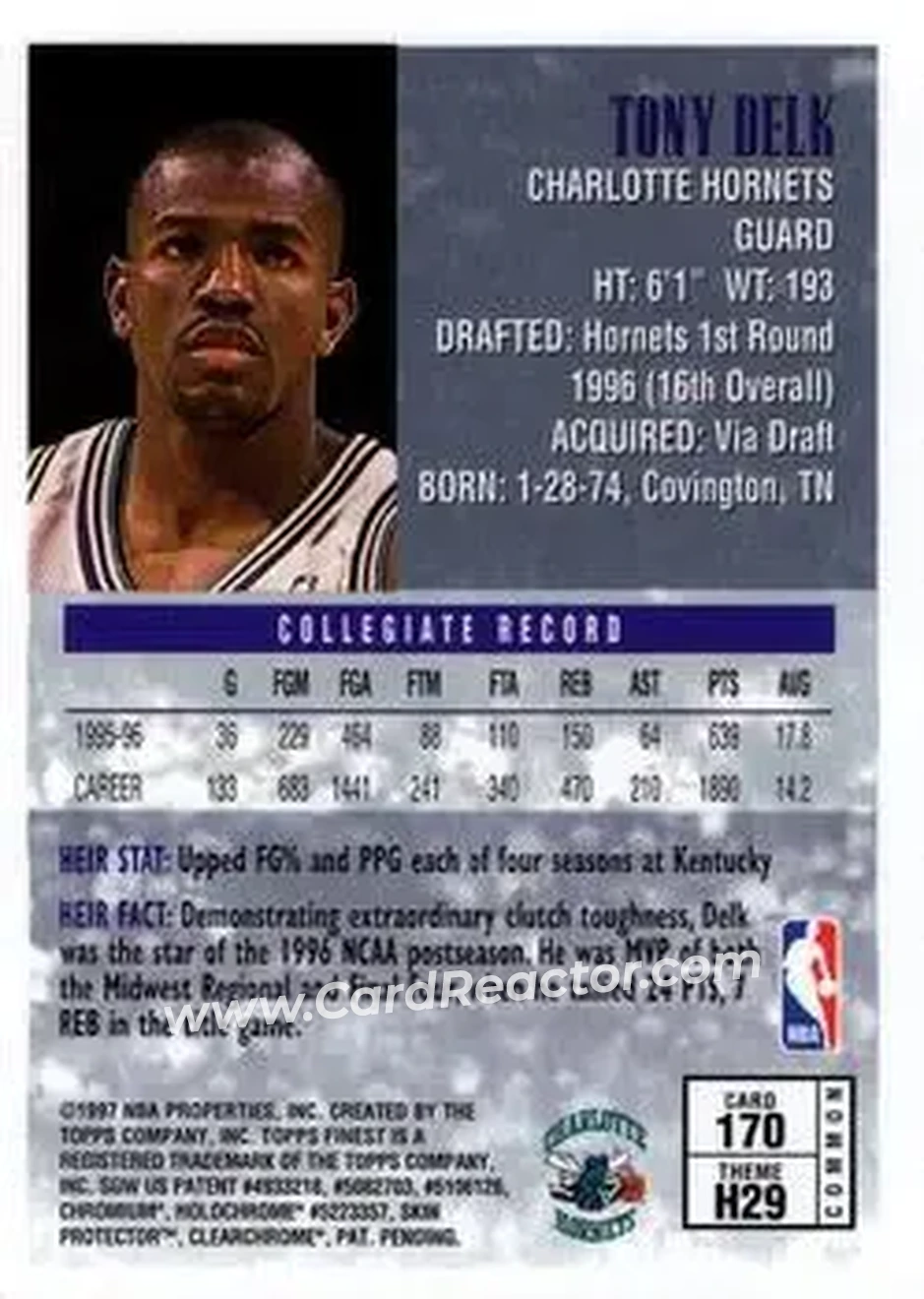 1996-97 Finest #170 - Tony Delk - Charlotte Hornets - Back