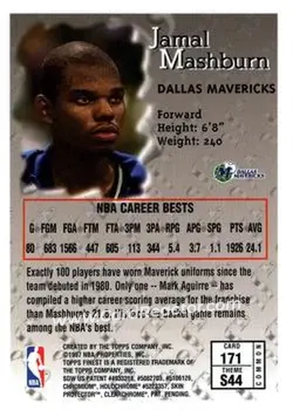 1996-97 Finest #171 - Jamal Mashburn - Dallas Mavericks - Back