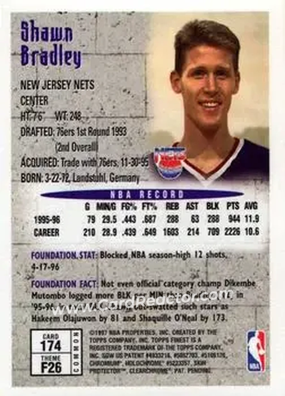 1996-97 Finest #174 - Shawn Bradley - New Jersey Nets - Back