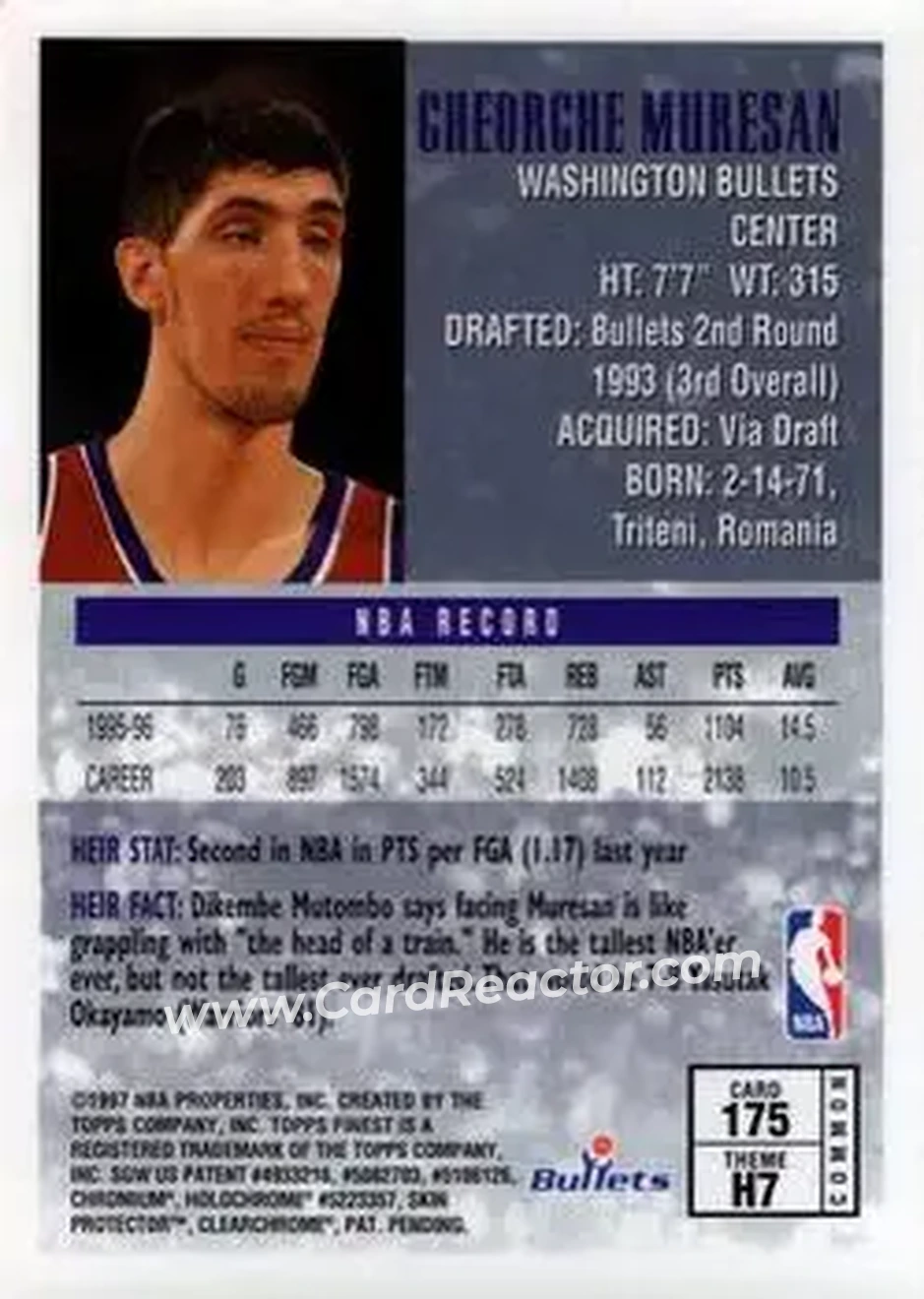 1996-97 Finest #175 - Gheorghe Mureșan - Washington Bullets - Back