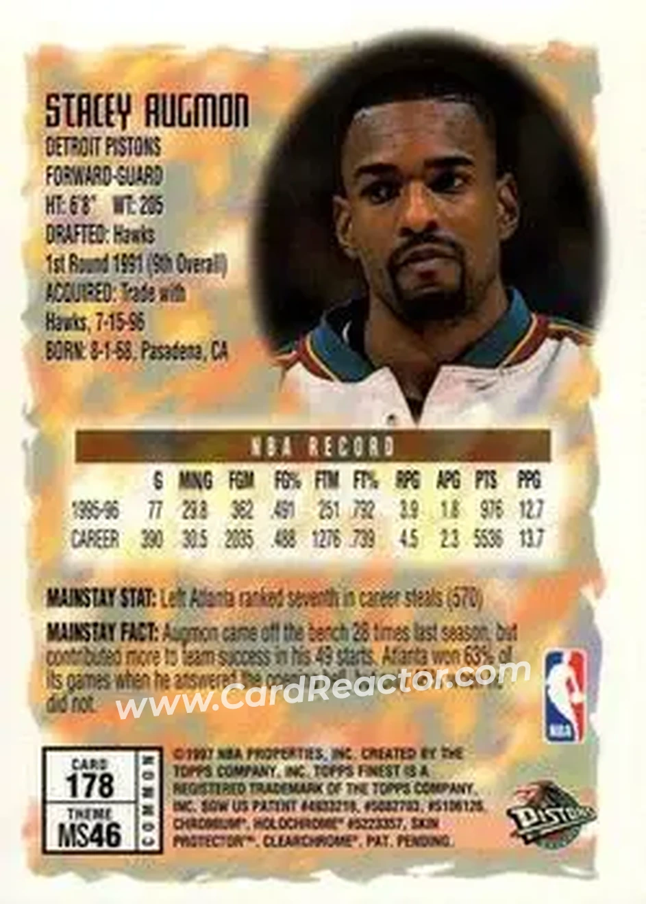 1996-97 Finest #178 - Stacey Augmon - Detroit Pistons - Back