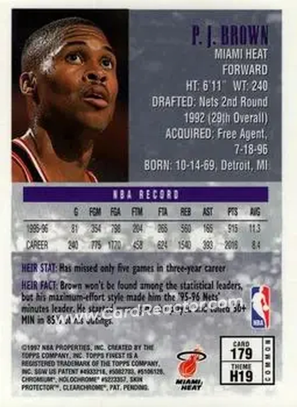 1996-97 Finest #179 - P.J. Brown - Miami Heat - Back
