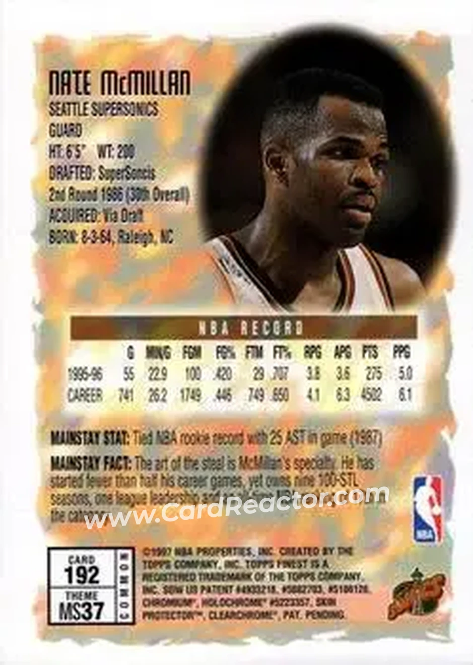 1996-97 Finest #192 - Nate McMillan - Seattle SuperSonics - Back