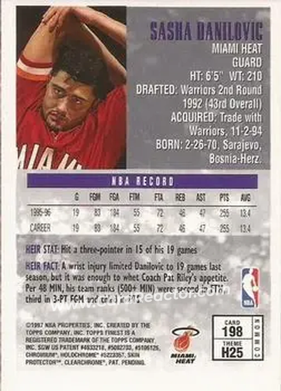 1996-97 Finest #198 - Sasha Danilović - Miami Heat - Back