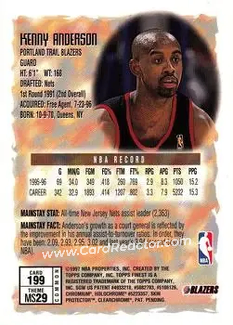 1996-97 Finest #199 - Kenny Anderson - Portland Trail Blazers - Back