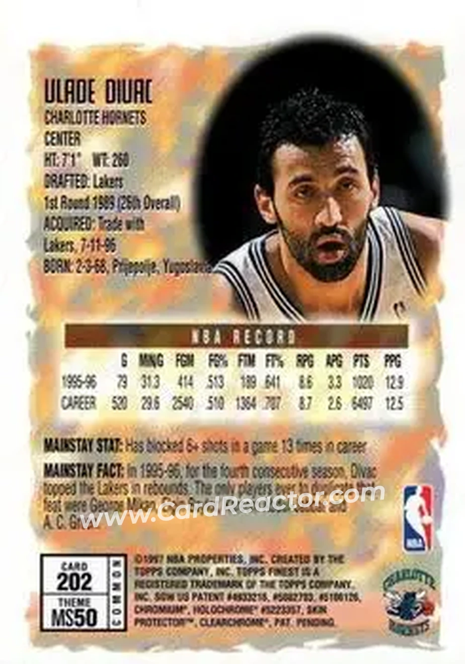 1996-97 Finest #202 - Vlade Divac - Charlotte Hornets - Back