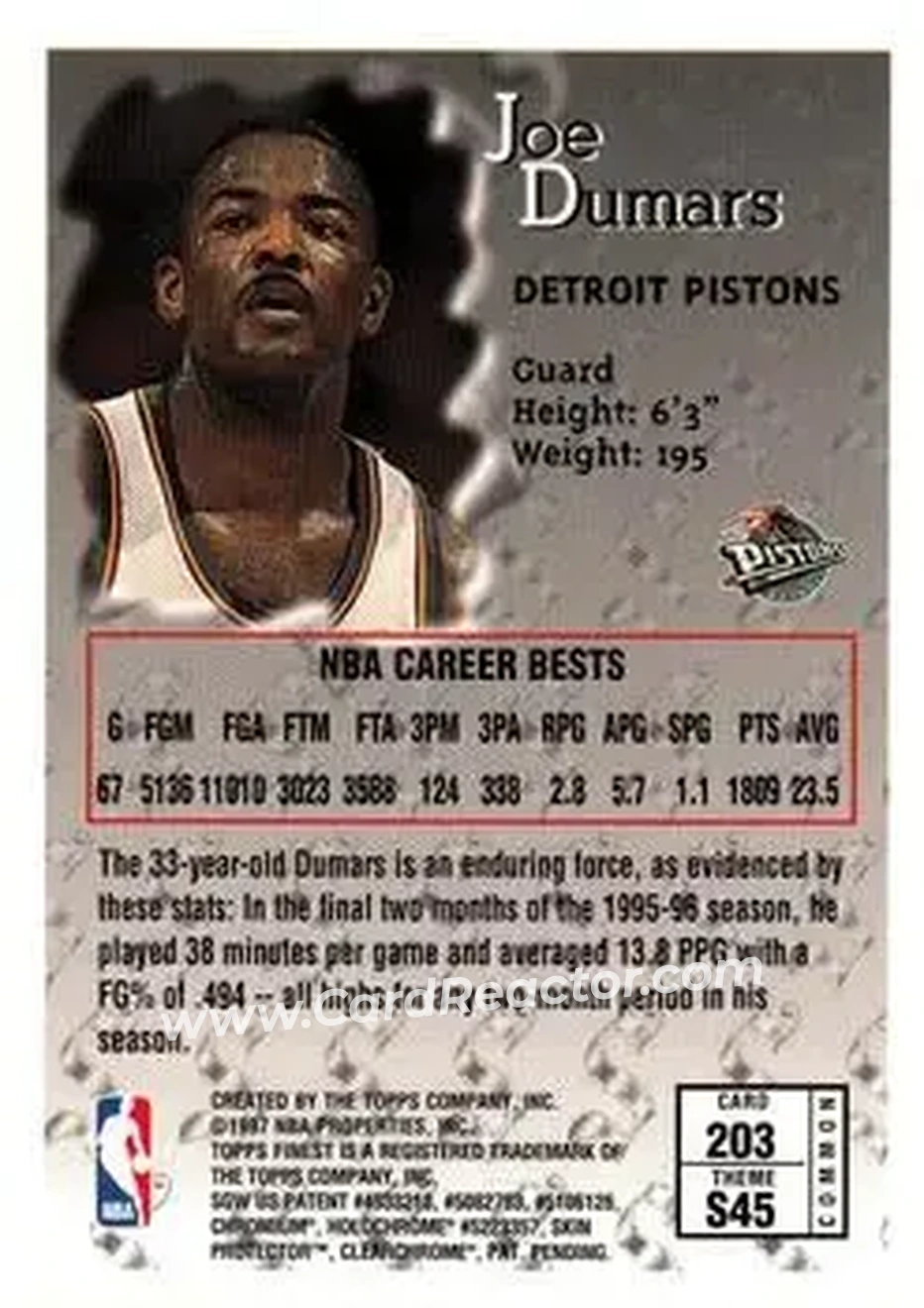 1996-97 Finest #203 - Joe Dumars - Detroit Pistons - Back 1996-97 Finest #203 - Joe Dumars - Detroit Pistons - Back