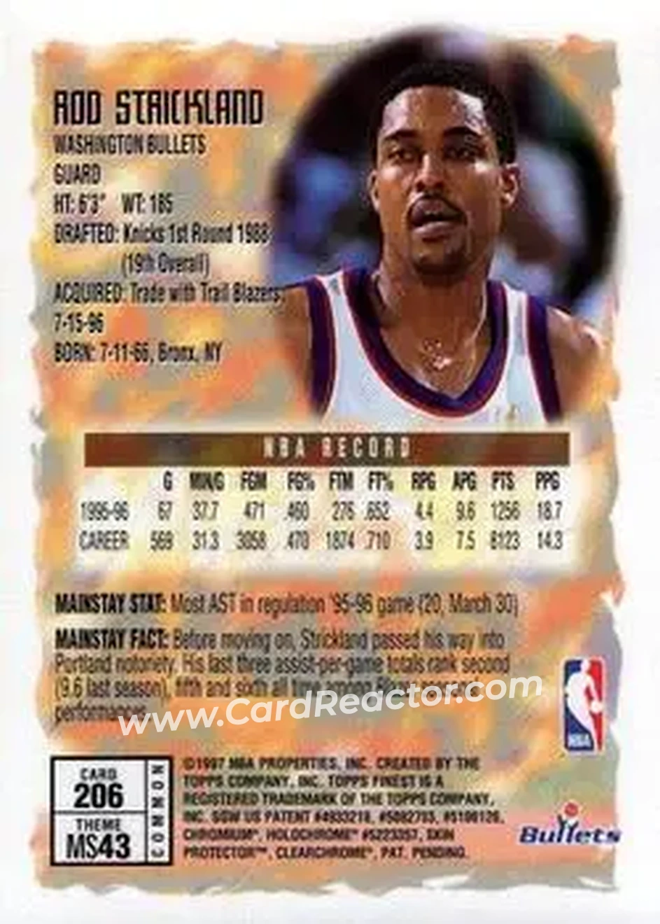1996-97 Finest #206 - Rod Strickland - Washington Bullets - Back