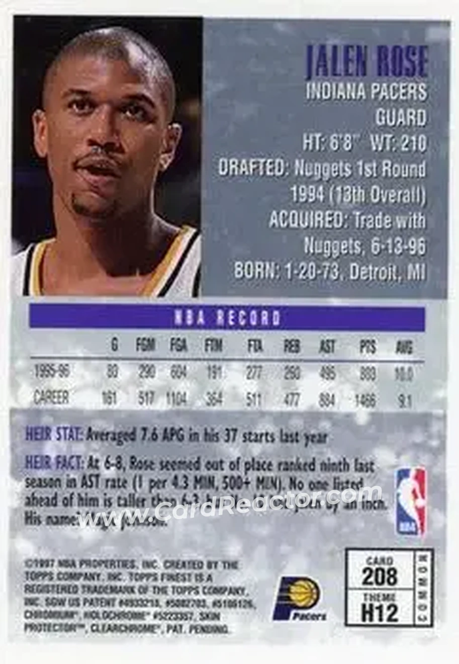 1996-97 Finest #208 - Jalen Rose - Indiana Pacers - Back