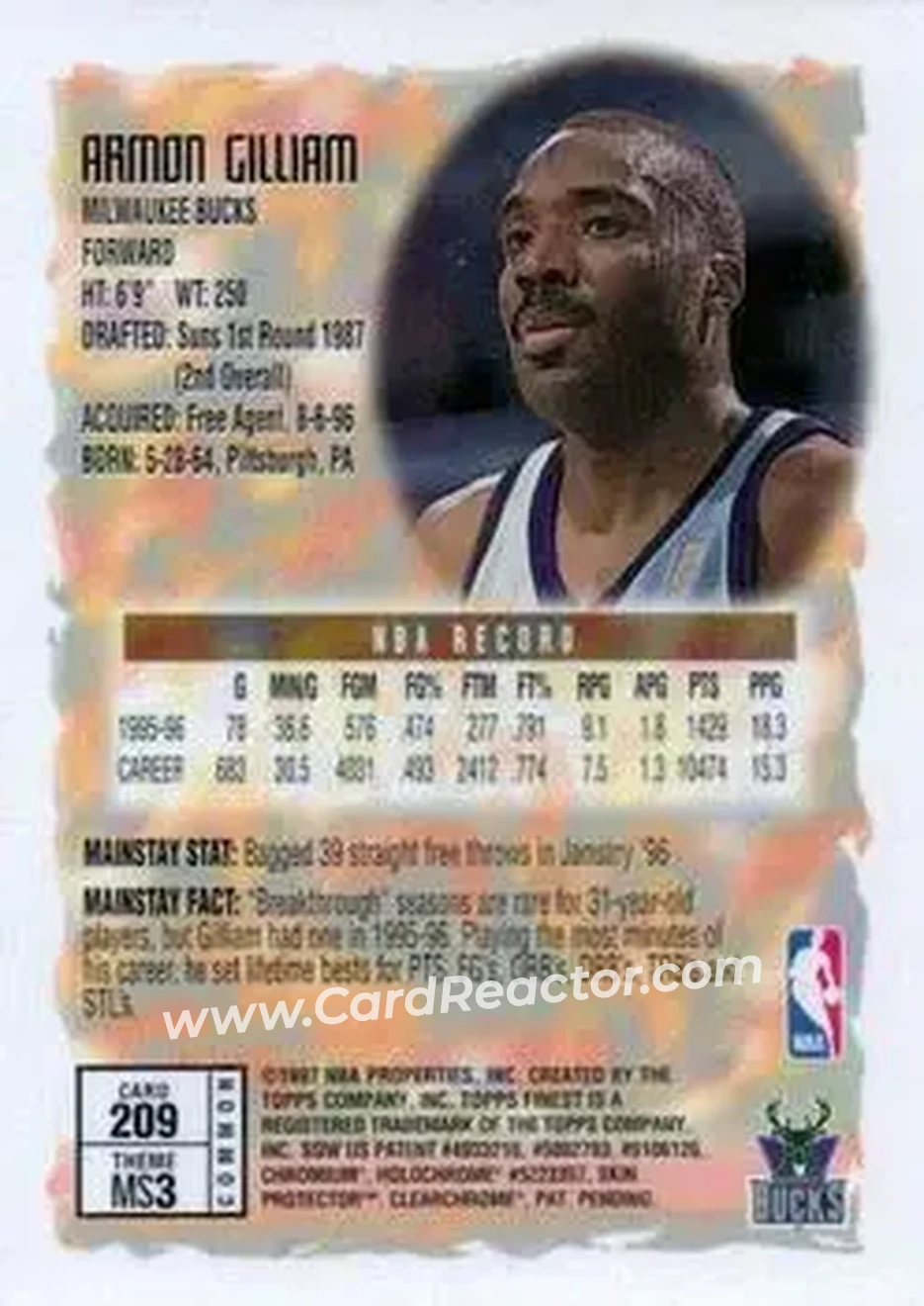 1996-97 Finest #209 - Armon Gilliam - Milwaukee Bucks - Back