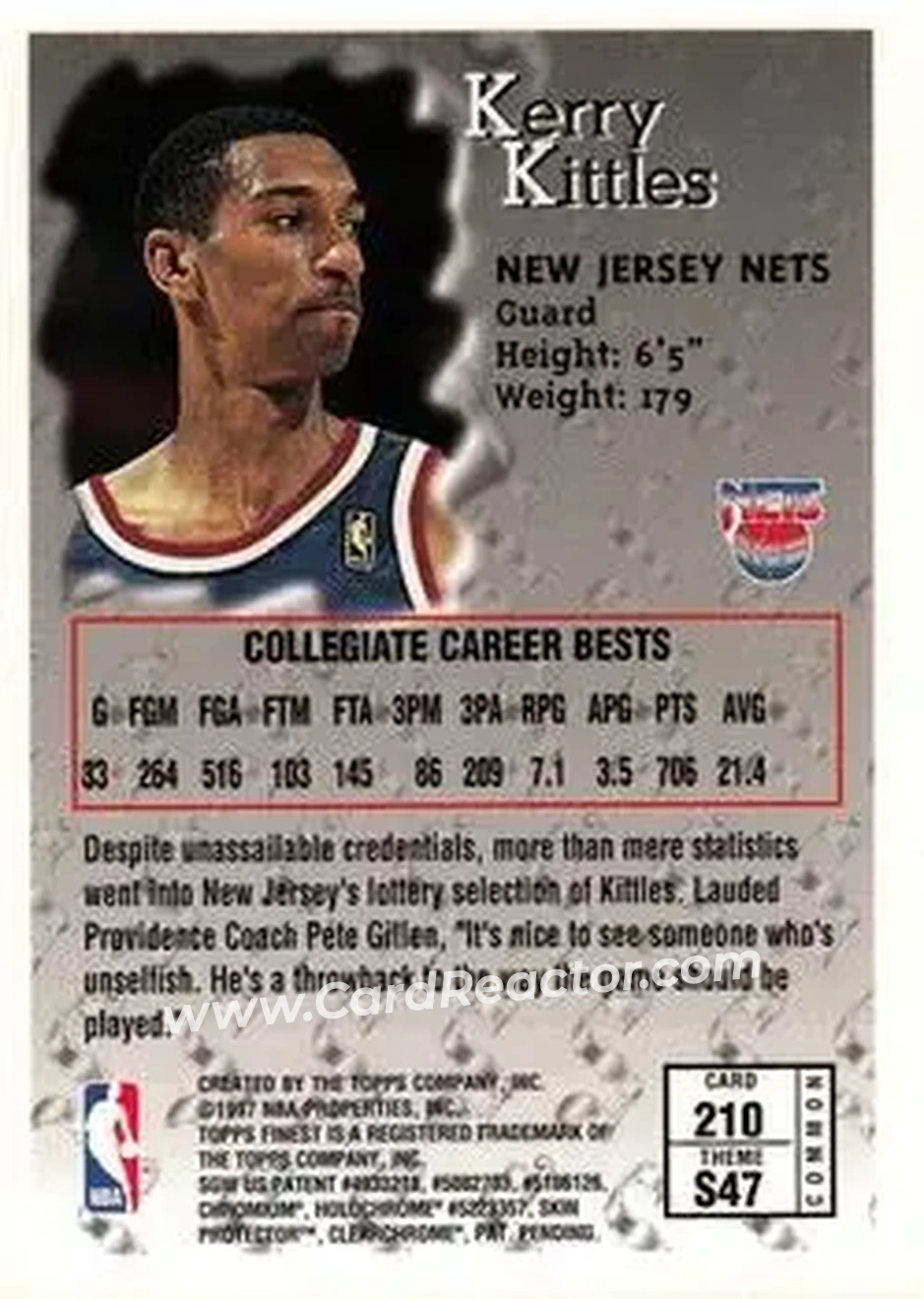 1996-97 Finest #210 - Kerry Kittles - New Jersey Nets - Back