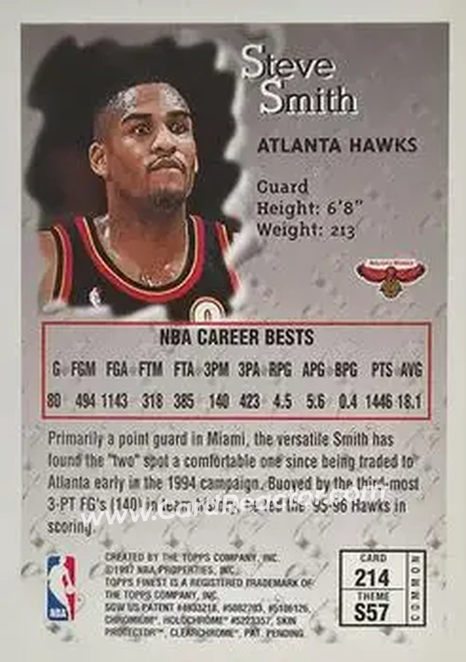 1996-97 Finest #214 - Steve Smith - Atlanta Hawks - Back