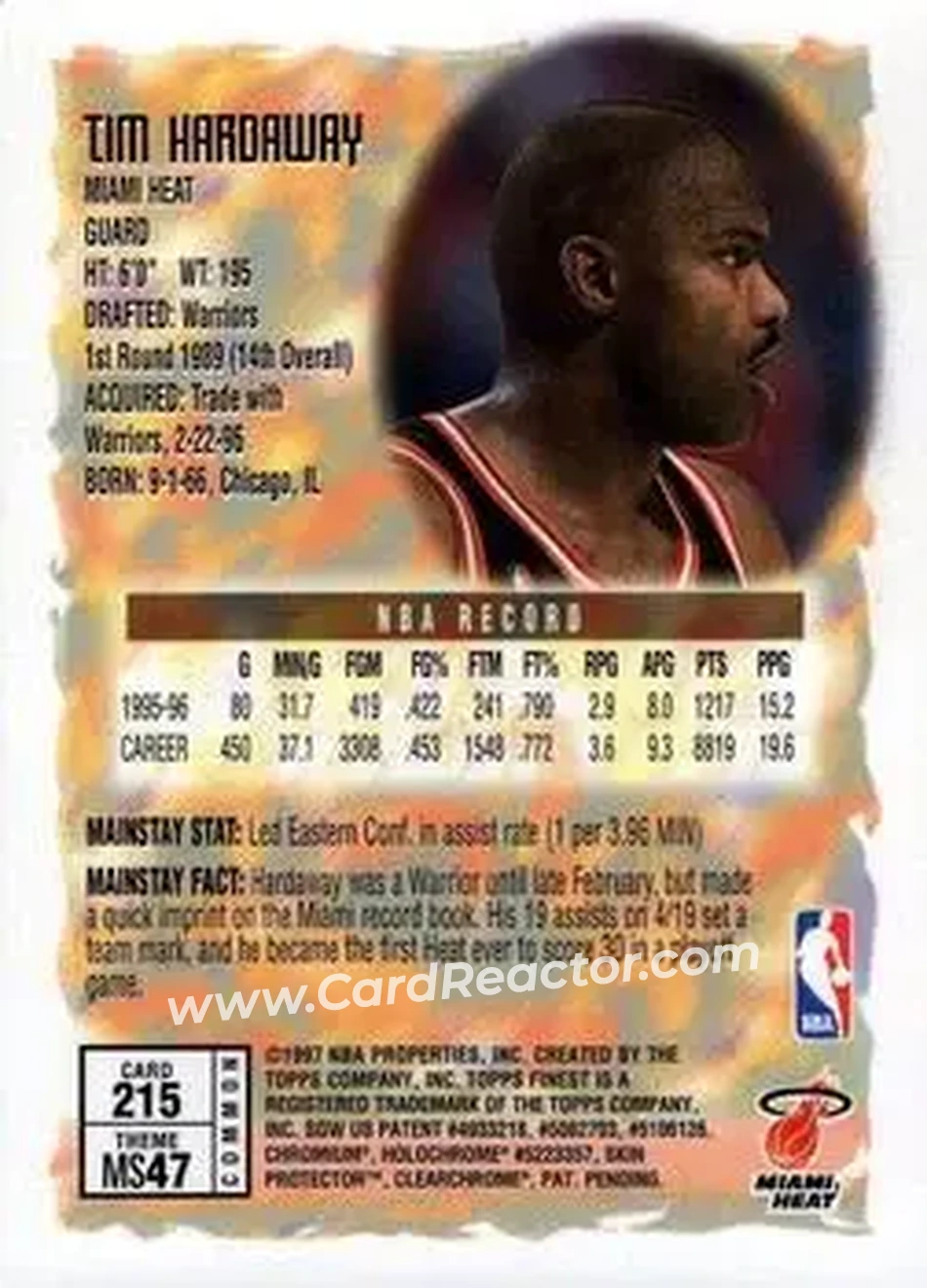 1996-97 Finest #215 - Tim Hardaway - Miami Heat - Back