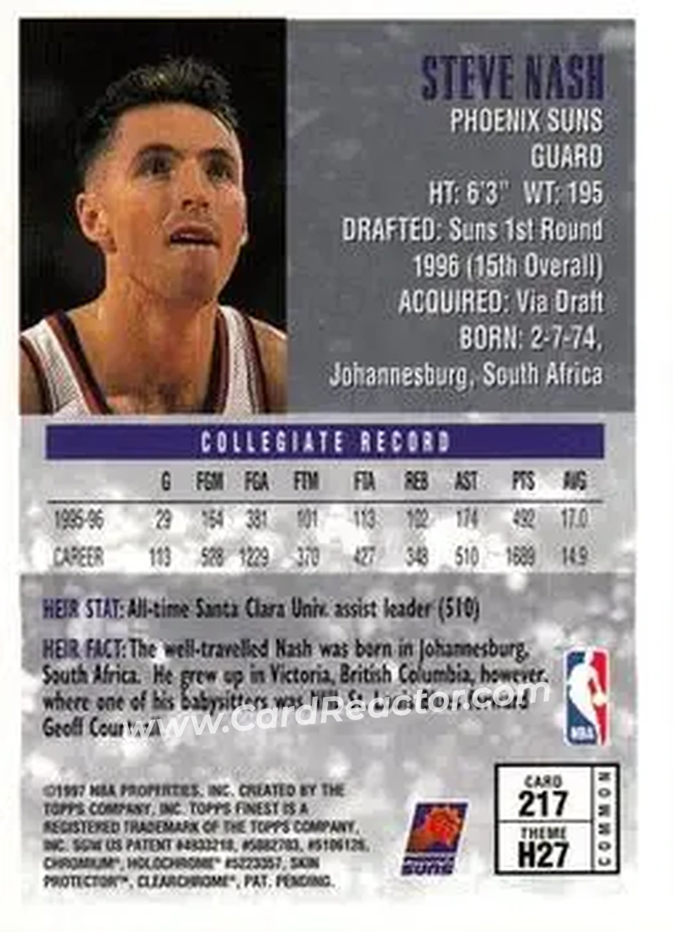 1996-97 Finest #217 - Steve Nash - Phoenix Suns - Back