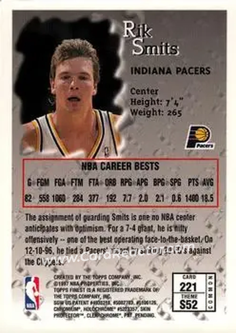 1996-97 Finest #221 - Rik Smits - Indiana Pacers - Back