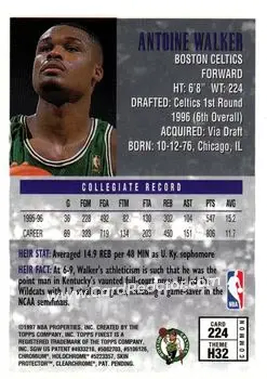1996-97 Finest #224 - Antoine Walker - Boston Celtics - Back