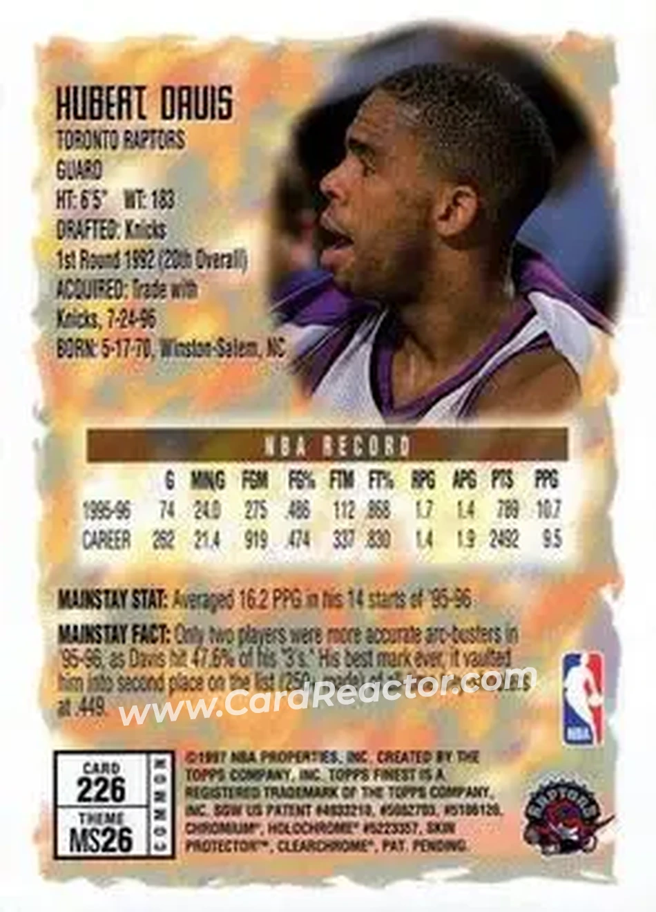 1996-97 Finest #226 - Hubert Davis - Toronto Raptors - Back