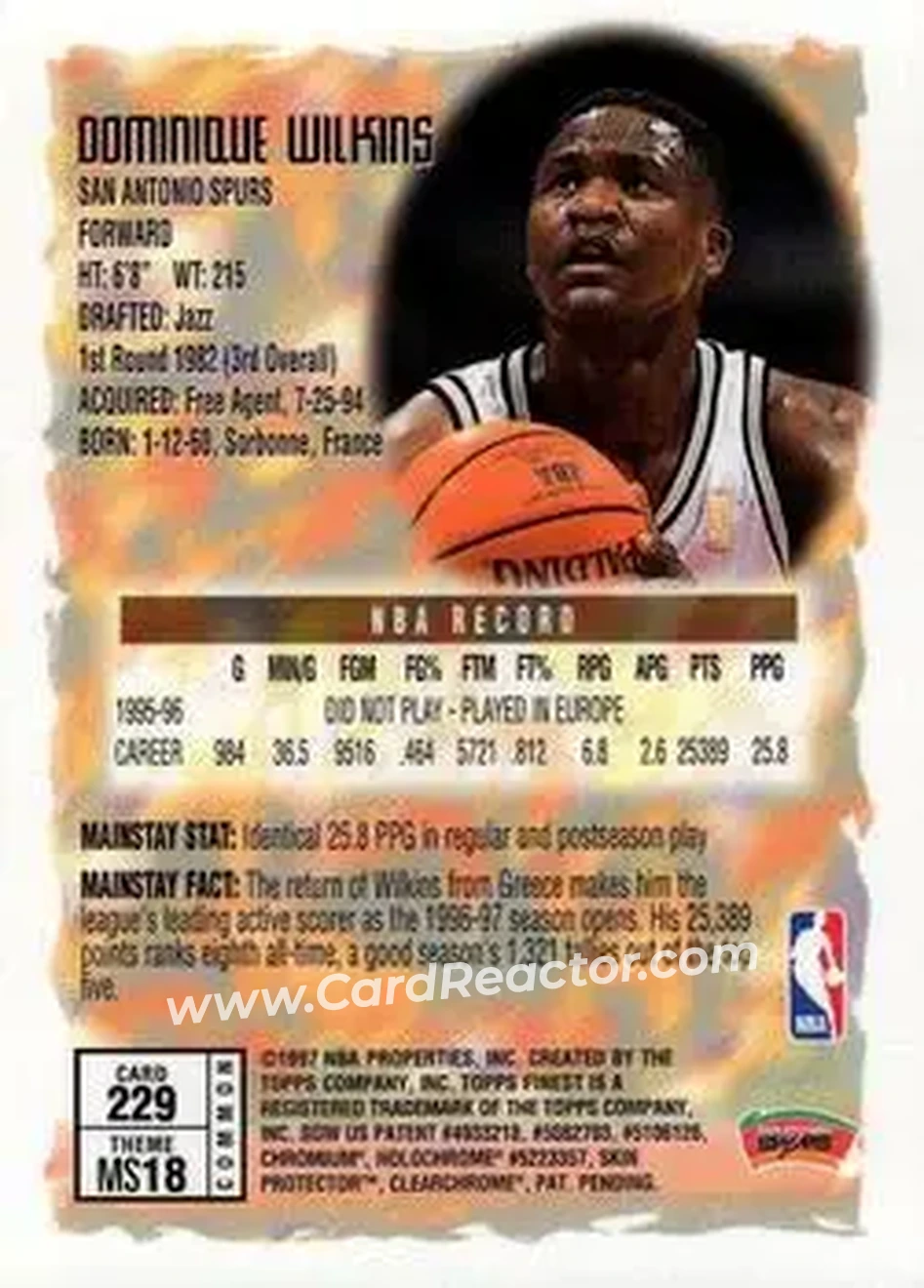 1996-97 Finest #229 - Dominique Wilkins - San Antonio Spurs - Back