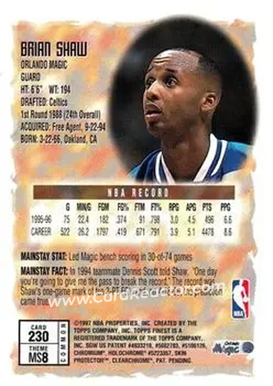 1996-97 Finest #230 - Brian Shaw - Orlando Magic - Back 1996-97 Finest #230 - Brian Shaw - Orlando Magic - Back