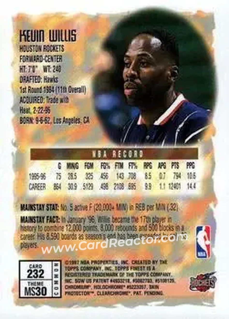 1996-97 Finest #232 - Kevin Willis - Houston Rockets - Back