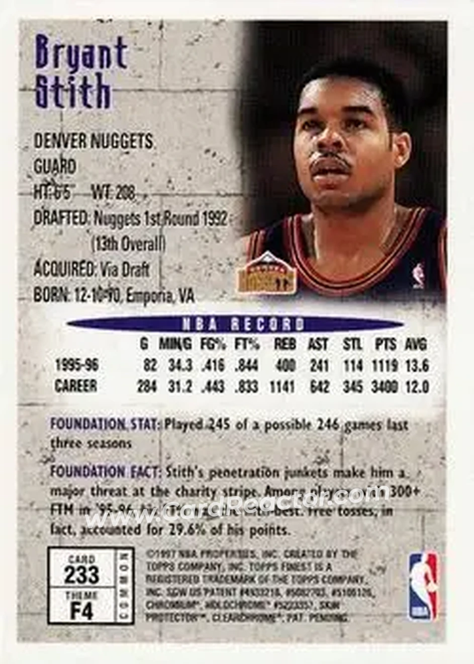 1996-97 Finest #233 - Bryant Stith - Denver Nuggets - Back