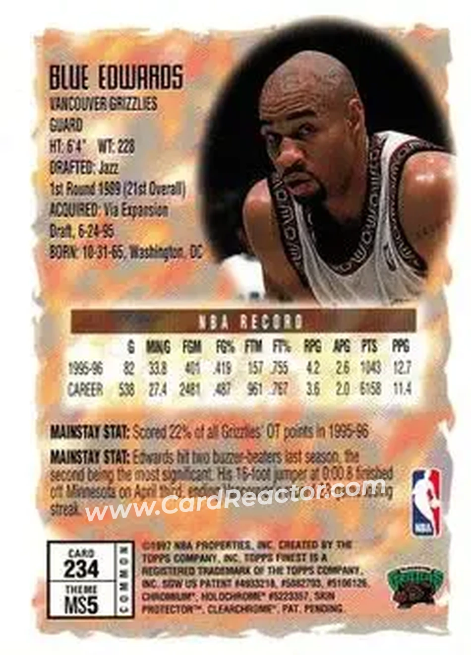 1996-97 Finest #234 - Blue Edwards - Vancouver Grizzlies - Back