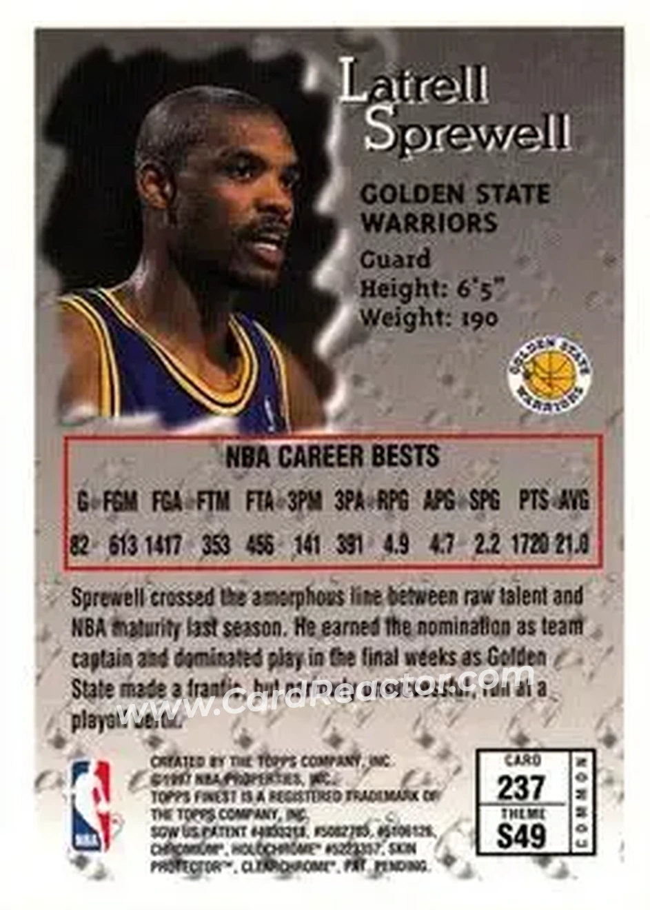1996-97 Finest #237 - Latrell Sprewell - Golden State Warriors - Back