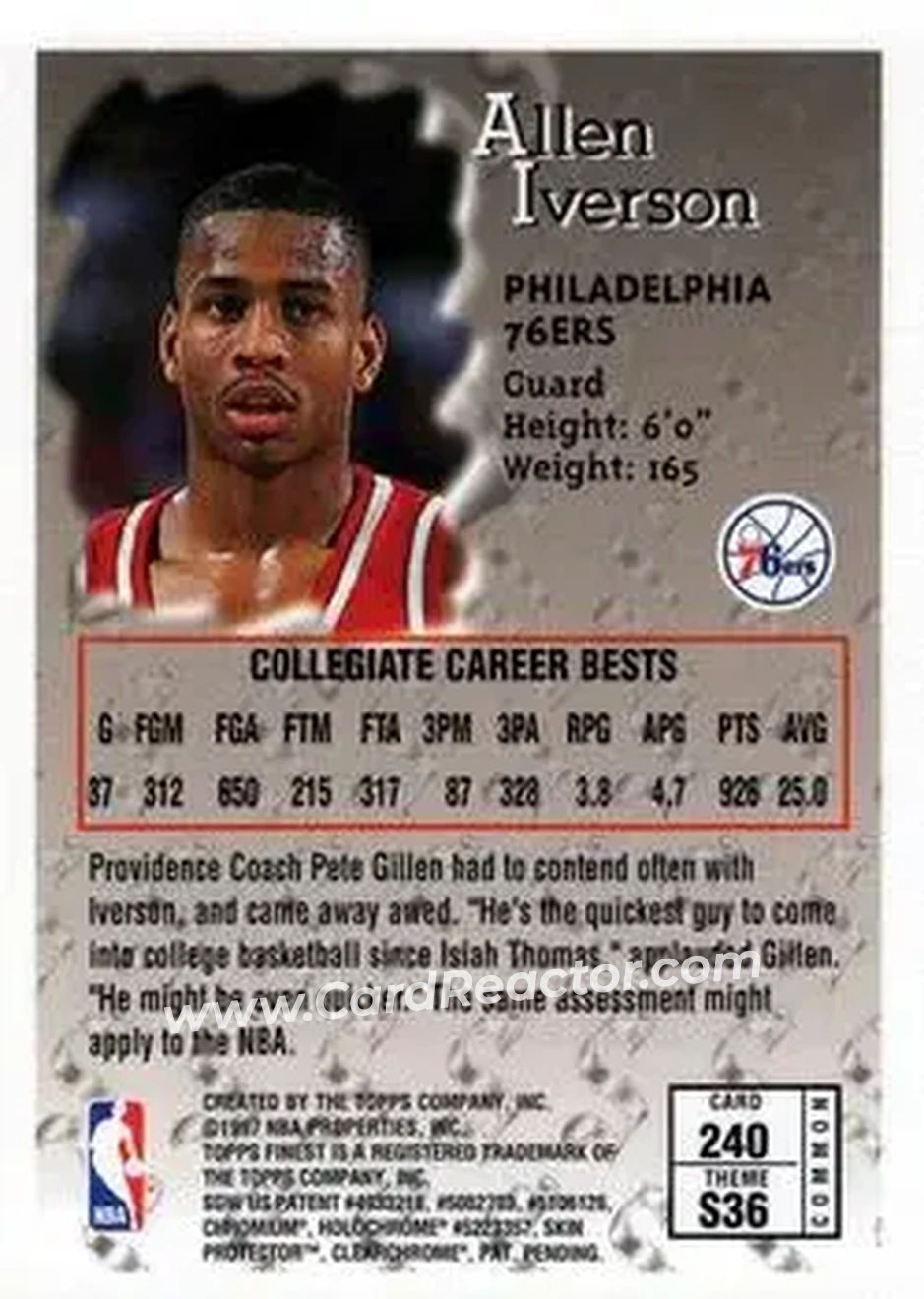 1996-97 Finest #240 - Allen Iverson - Philadelphia 76ers - Back