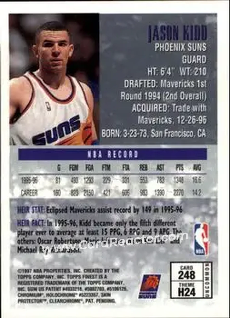 1996-97 Finest #248 - Jason Kidd - Dallas Mavericks - Back