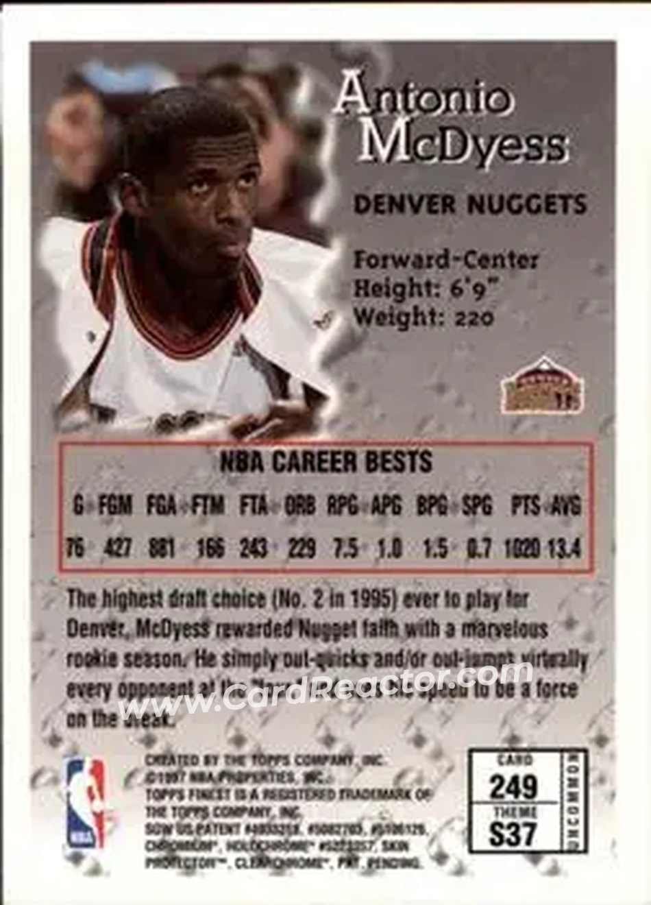 1996-97 Finest #249 - Antonio McDyess - Denver Nuggets - Back