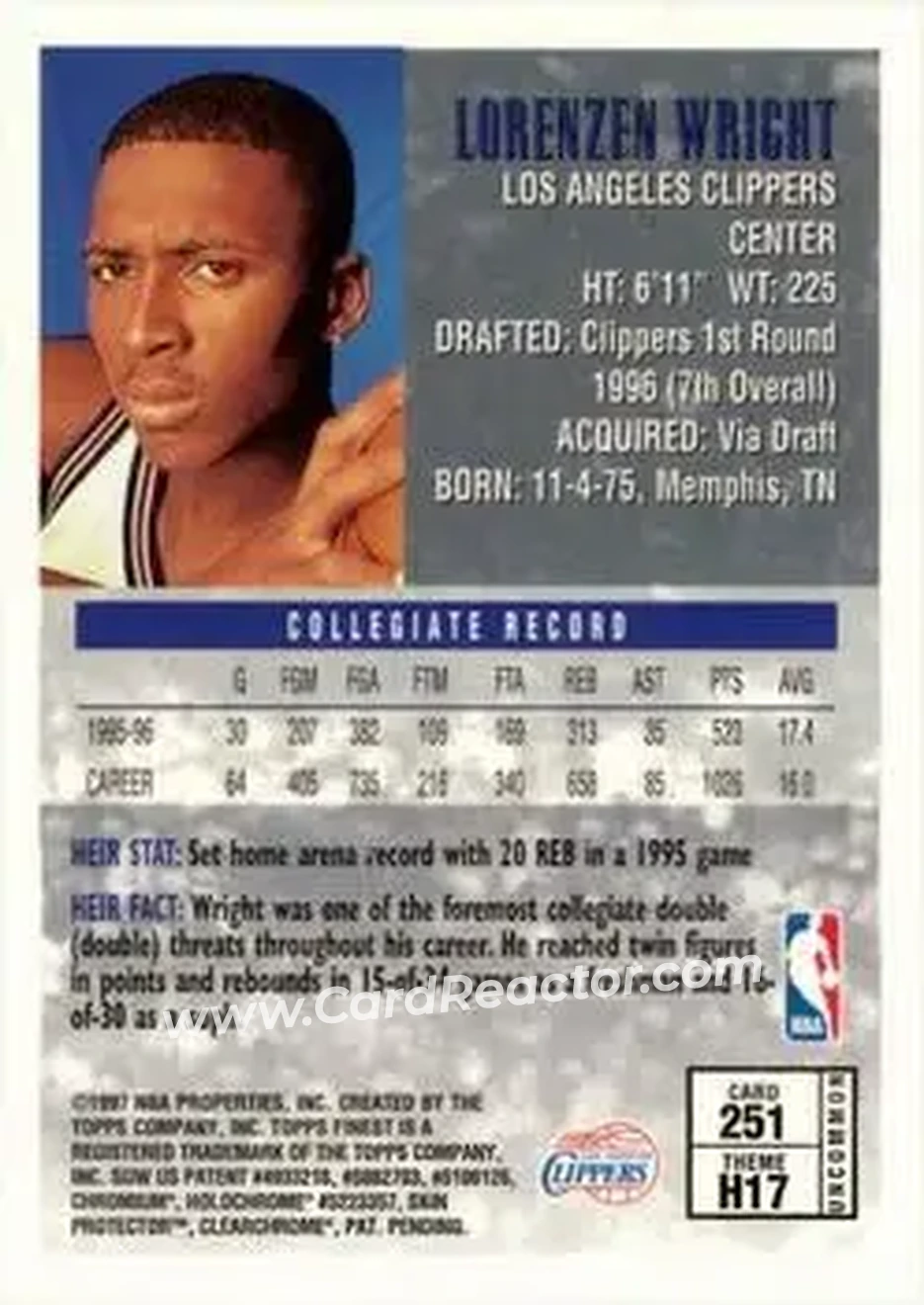 1996-97 Finest #251 - Lorenzen Wright - Los Angeles Clippers - Back