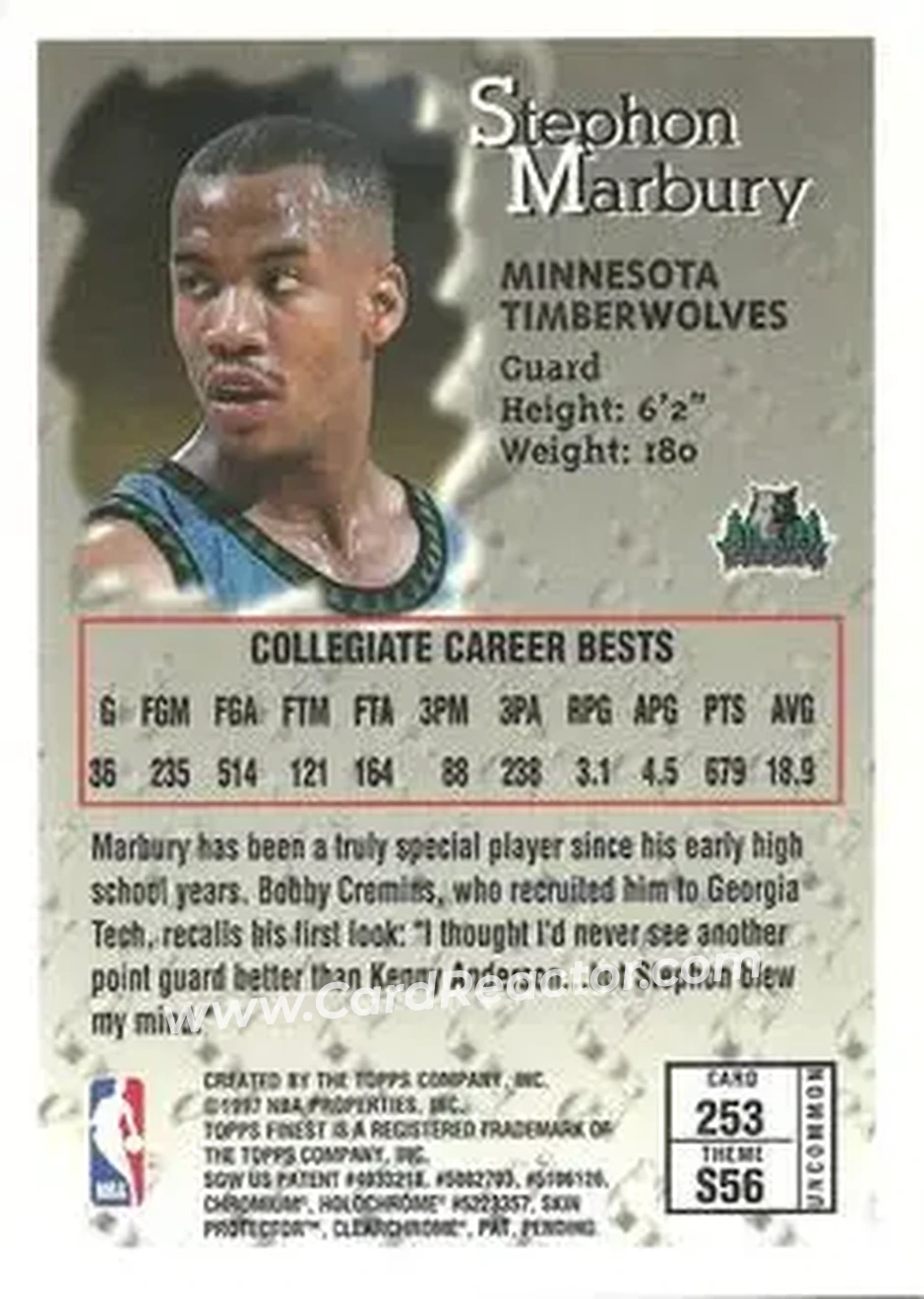 1996-97 Finest #253 - Stephon Marbury - Minnesota Timberwolves - Back