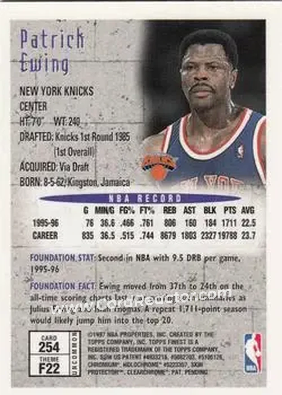 1996-97 Finest #254 - Patrick Ewing - New York Knicks - Back 1996-97 Finest #254 - Patrick Ewing - New York Knicks - Back