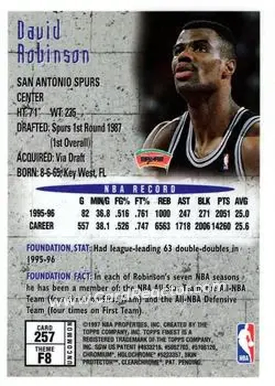 1996-97 Finest #257 - David Robinson - San Antonio Spurs - Back