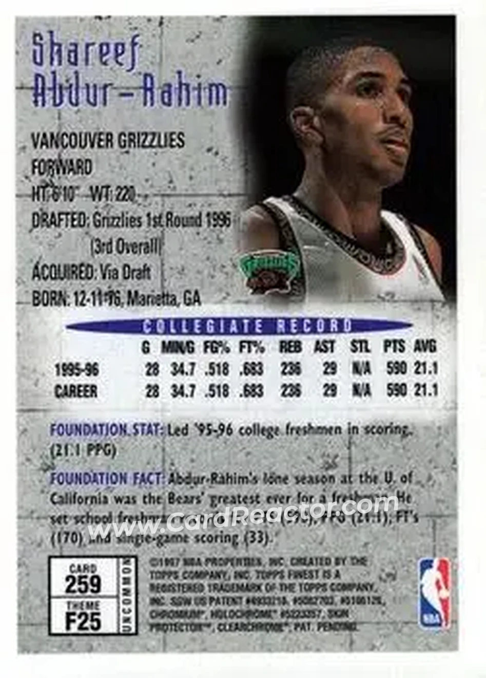 1996-97 Finest #259 - Shareef Abdur-Rahim - Vancouver Grizzlies - Back