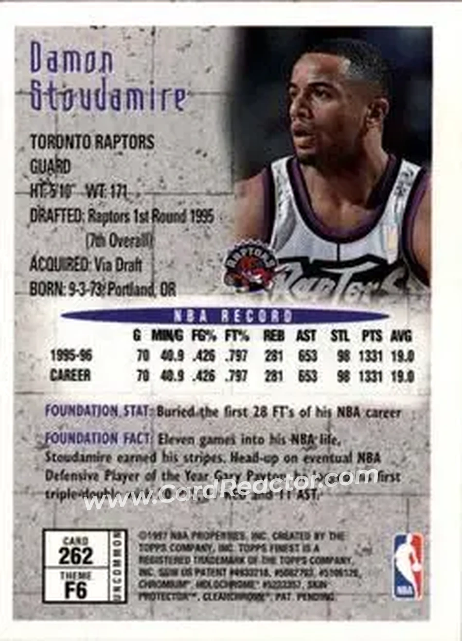 1996-97 Finest #262 - Damon Stoudamire - Toronto Raptors - Back 1996-97 Finest #262 - Damon Stoudamire - Toronto Raptors - Back
