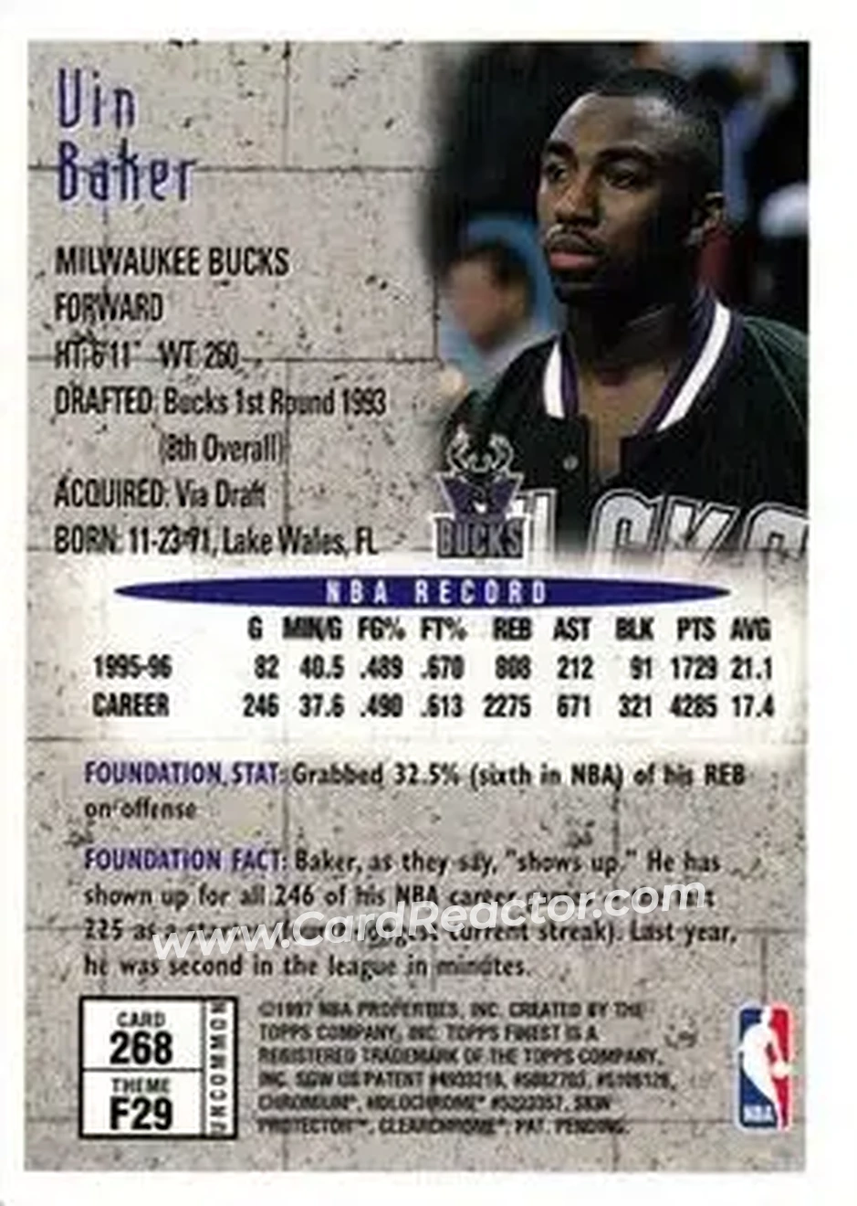1996-97 Finest #268 - Vin Baker - Milwaukee Bucks - Back