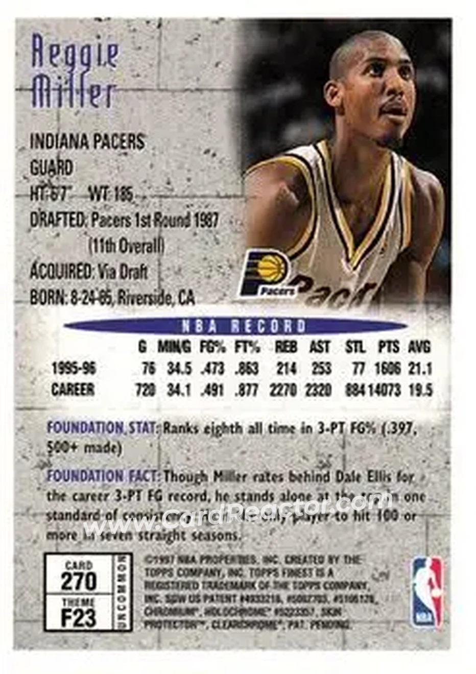 1996-97 Finest #270 - Reggie Miller - Indiana Pacers - Back