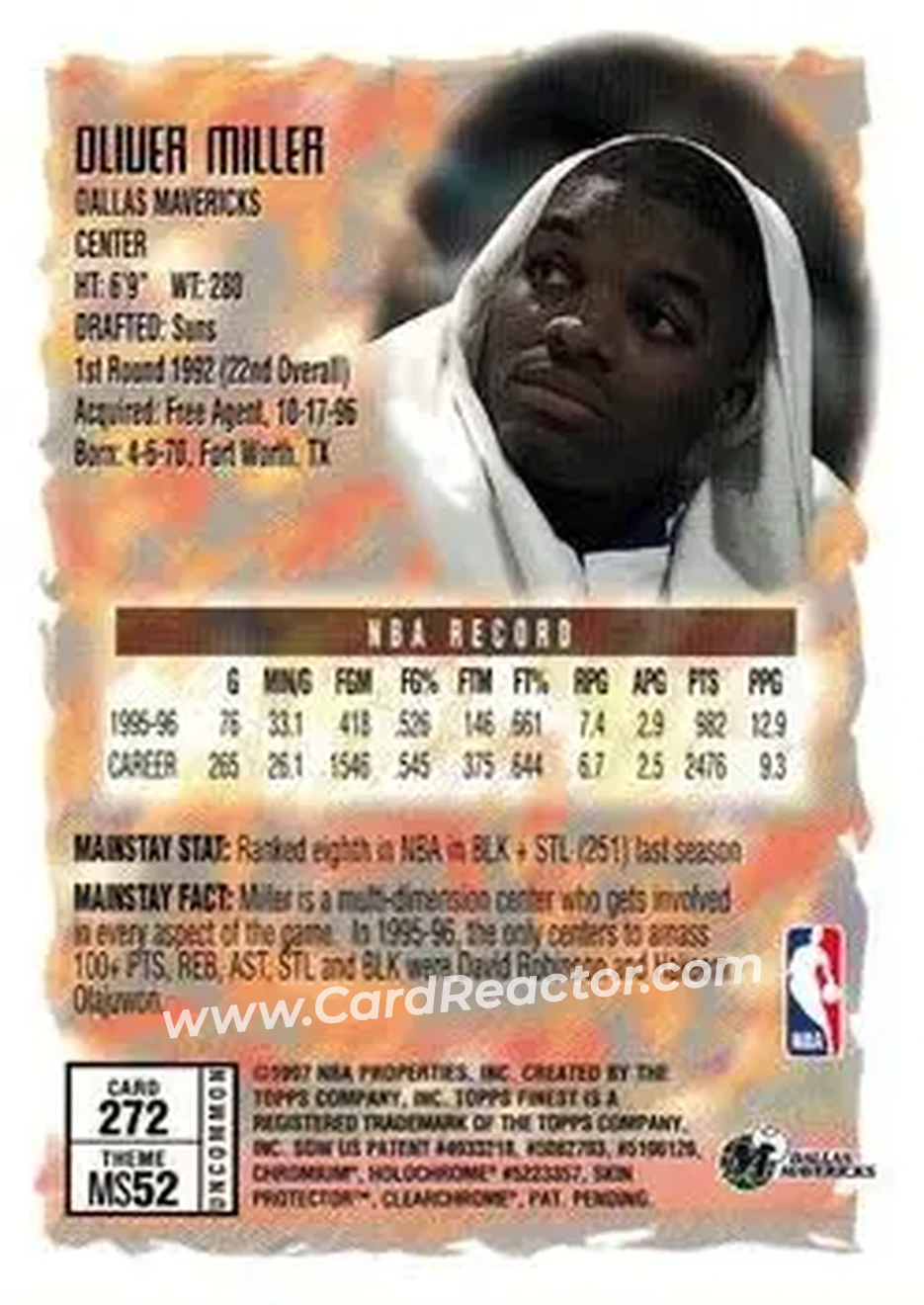 1996-97 Finest #272 - Oliver Miller - Dallas Mavericks - Back