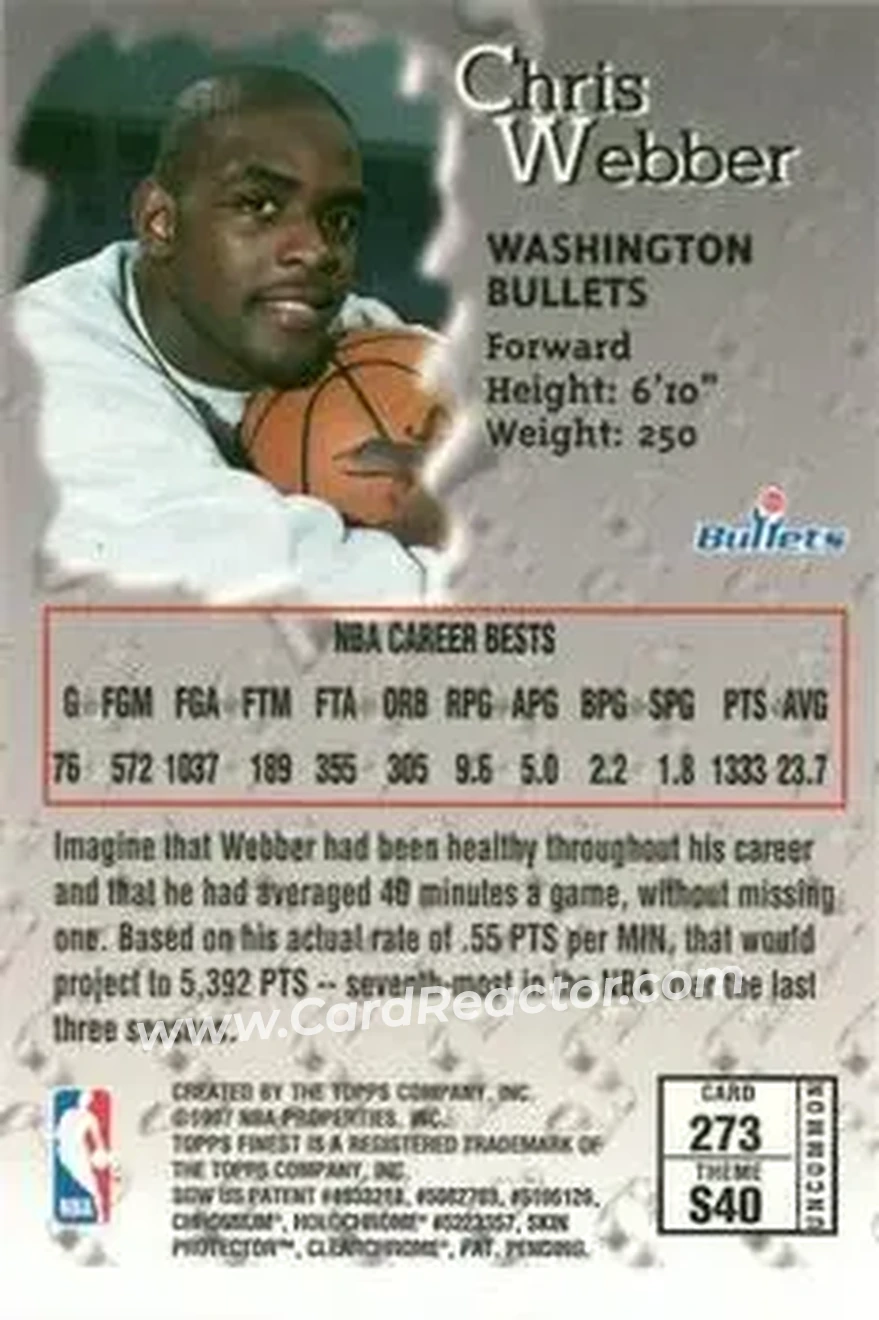 1996-97 Finest #273 - Chris Webber - Washington Bullets - Back