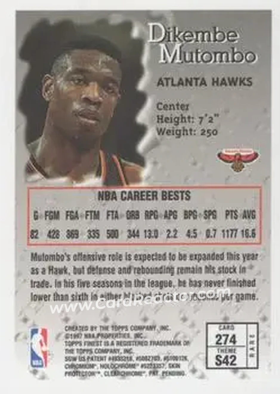 1996-97 Finest #274 - Dikembe Mutombo - Atlanta Hawks - Back 1996-97 Finest #274 - Dikembe Mutombo - Atlanta Hawks - Back