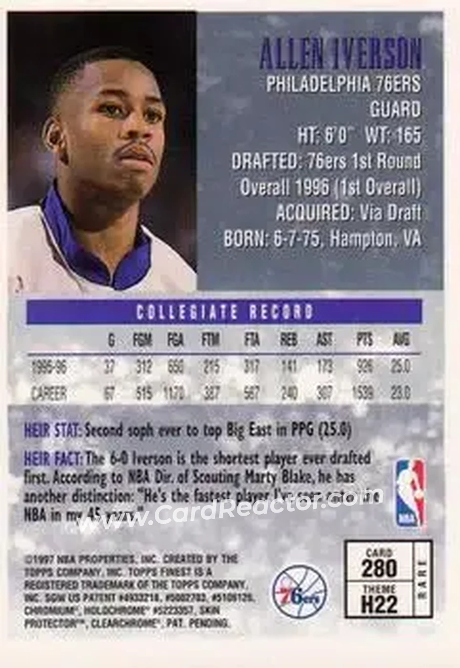 1996-97 Finest #280 - Allen Iverson - Philadelphia 76ers - Back