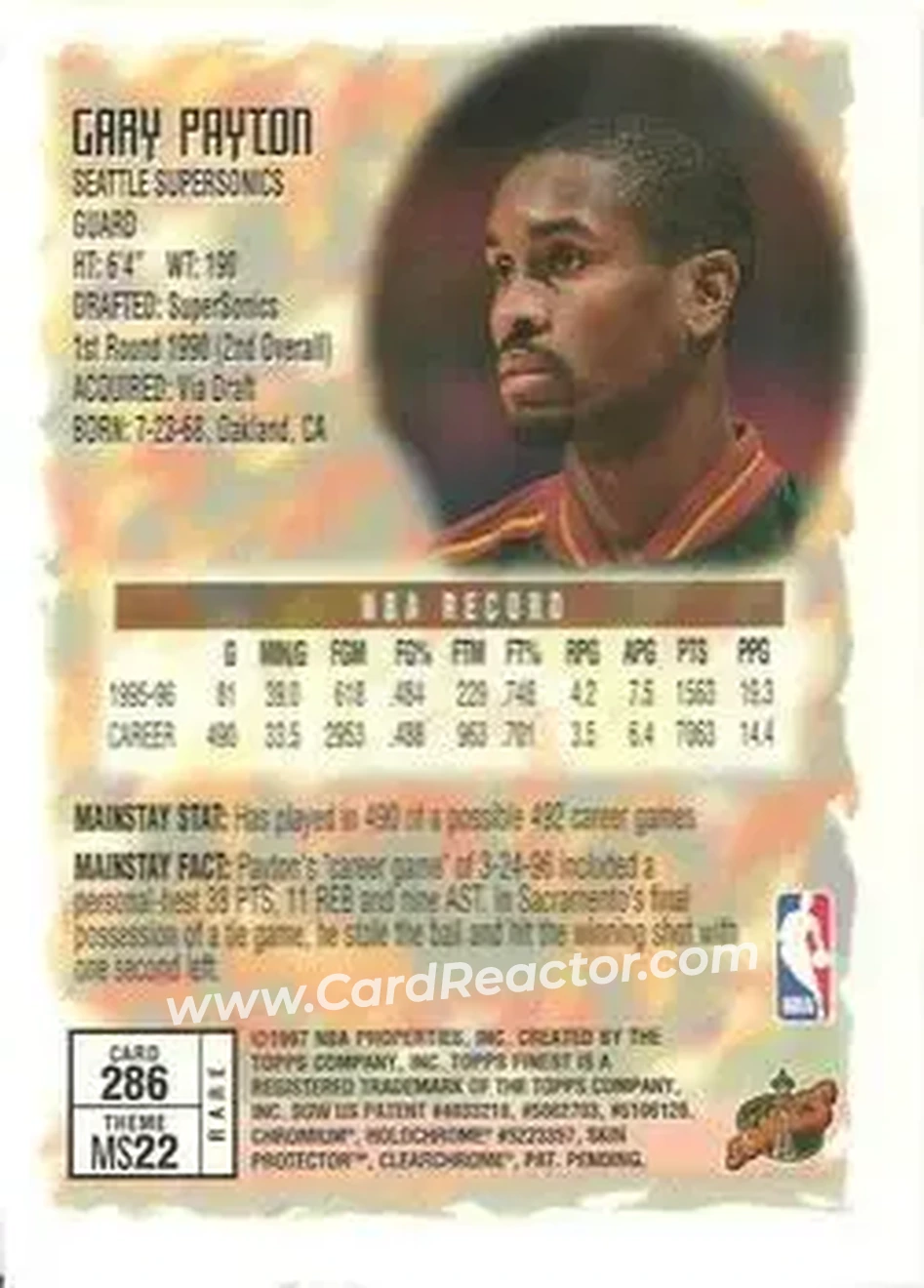 1996-97 Finest #286 - Gary Payton - Seattle SuperSonics - Back 1996-97 Finest #286 - Gary Payton - Seattle SuperSonics - Back