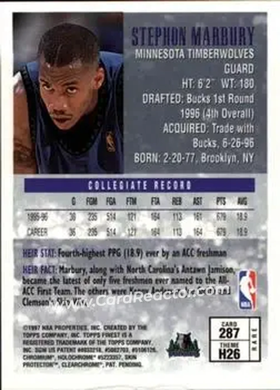 1996-97 Finest #287 - Stephon Marbury - Minnesota Timberwolves - Back