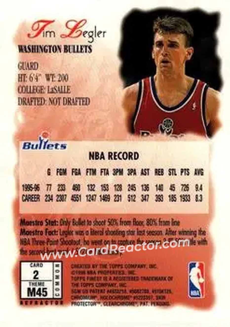 1996-97 Finest - Refractors #2 - Tim Legler - Washington Bullets - Back