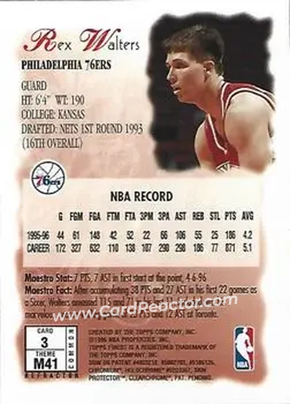 1996-97 Finest - Refractors #3 - Rex Walters - Philadelphia 76ers - Back